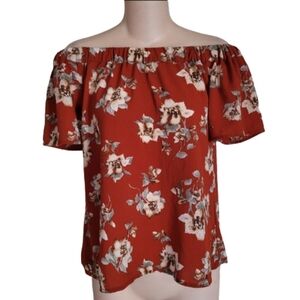 Sweet Wanderer Rust Orange Floral Off The Shoulder Blouse Top Size Women's Small